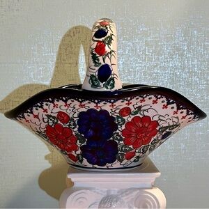 Floral Ceramic Basket with Red and Blue Accents